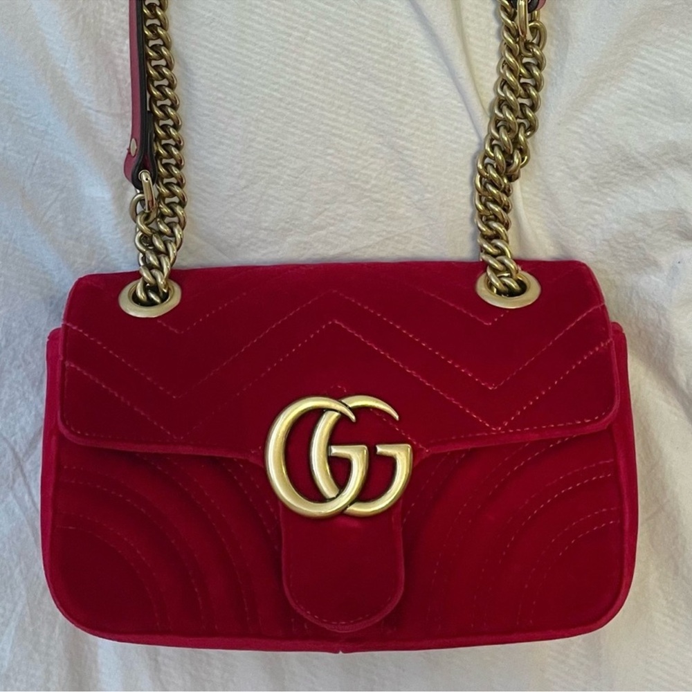 Authentic Mini Gucci Velvet Marmont bag in Red